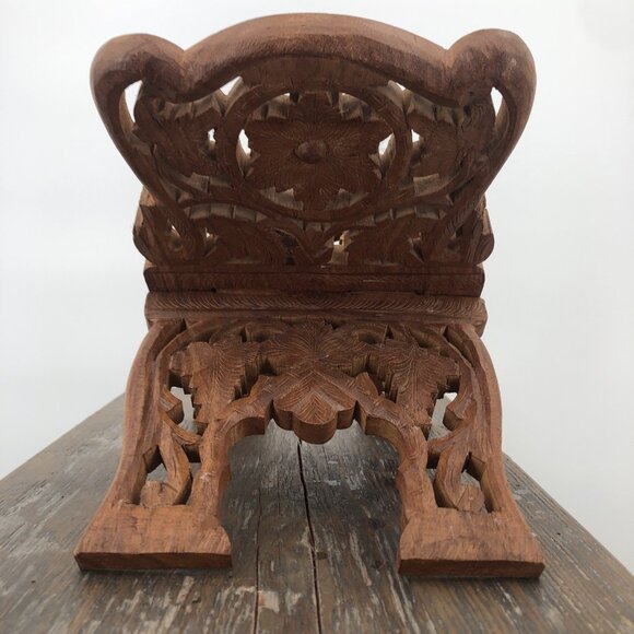 Vintage Teak Wood Book Holder Kitchen Stand Hand Carved Floral Leaf Design Foldi - Picture 4 of 9